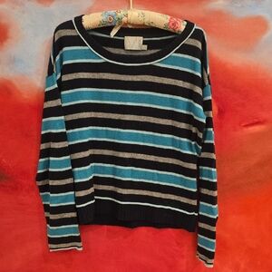 Michael Stars, Cashmere/Wool/Modal BLEND, Striped Sweater in Black and Teal, S